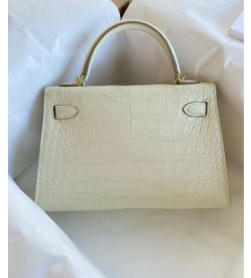 Mini Kelly Mat Timsah 8L Kremsi beyaz Altın Donanım 19cm Tam El Yapımı