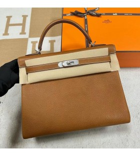 Kelly Barenia Cc34 Fauve Golden Brown Silver Hardware Ghw 32cm Full Handmade