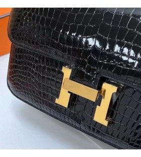 Constance elan parlak porosus timsah Ck89 Siyah Altın Donanım Ghw 26 cm Tam El Yapımı