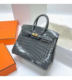 Birkin Parlak Nilo Timsah 8F tinware gri Altın Donanım Ghw 25 cm Tam El Yapımı