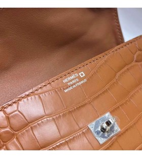 Kelly bebek Mat Timsah Timsah ve Hızlı Ck37 Altın Kahverengi ve abanoz Gümüş Donanım Phw 16cm Tam El Yapımı