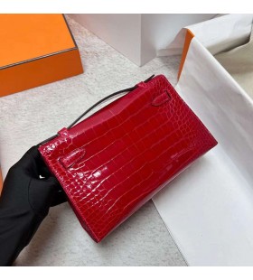 Mini Kelly Poşet Parlak Timsah timsah Ck95 Ferrari kırmızı Altın Donanım Ghw 22cm Tam El Yapımı