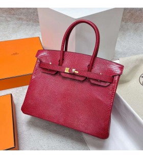 Birkin Kertenkele Deri Q5 Parlak Kırmızı Altın Donanım Ghw 30 cm Tam El Yapımı