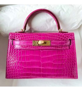 Mini Kelly Parlak Timsah Timsah J5 Derin Gül Pembe Altın Donanım Ghw 19 cm Tam El Yapımı