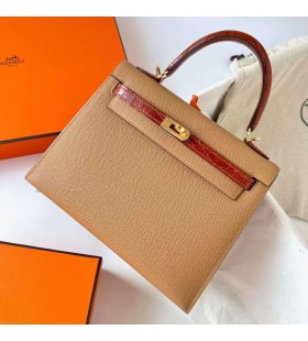 Kelly Dokunmatik Epsom ve Parlak Niloticus timsah Ãay Haki ve Kahverengi Altın Donanım Ghw 25 cm Tam El Yapımı