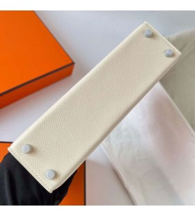 Mini Kelly Epsom ı2 Kremsi Beyaz ve 1z Açık Sarı ve 2S Kahverengi Gümüş Donanım 19cm Phw Tam El Yapımı