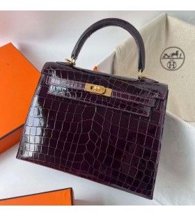 Kelly Parlak Nilo Timsah 9G Kristal Mor Altın Donanım Ghw 25 cm Tam El Yapımı