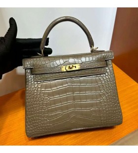Kelly Mat Timsah timsah M1 Yeni Etoupe Gri Altın Donanım 25 cm Tam El Yapımı Ghw