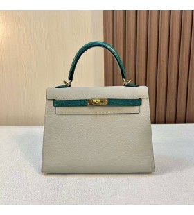 Kelly Dokunmatik Togo & Mat Timsah Ck80 İnci gri & z6 TavuskuÅu yeÅil Altın Donanım 25 cm Tam El Yapımı Ghw