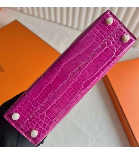 Mini Kelly Parlak Timsah Timsah J5 Derin Gül Pembe Altın Donanım 19 cm Tam El Yapımı Ghw