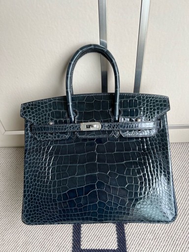 Birkin de Cocodrilo brillante azul índigo de Plata de Hardware PHW 25cm Completo hecho a Mano