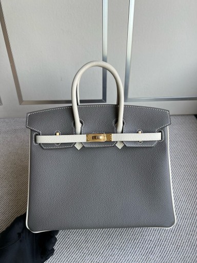 Birkin Togo 8F Etain gris y blanco Cremoso Hardware de Oro 25cm Completo hecho a Mano
