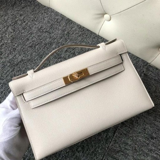 Mini Kelly Pochette de Epsom Ck10 de color blanco Cremoso de Oro de Hardware GHW 22cm Completo hecho a Mano