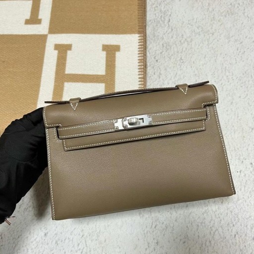 Mini Kelly Pochette Swift Ck18 color cáñamo Gris Plata de Hardware 22cm Completo hecho a Mano
