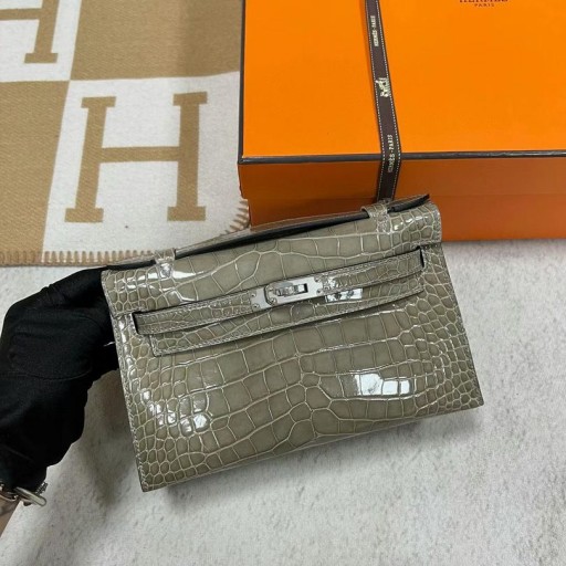 Mini Kelly Pochette Brillante de Cocodrilo Ck81 Gris Plata de Hardware Phw 22cm Completo hecho a Mano