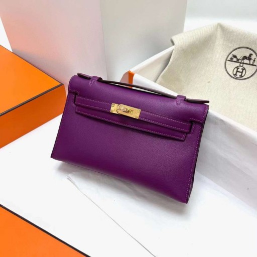Mini Kelly Pochette Swift P9 actiniae púrpura de Oro de Hardware Ghw 22cm Completo hecho a Mano