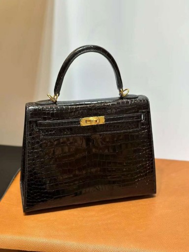 Kelly Brillante Porosus Cocodrilo Ck89 Negro Hardware de Oro 25cm Completo hecho a Mano Ghw