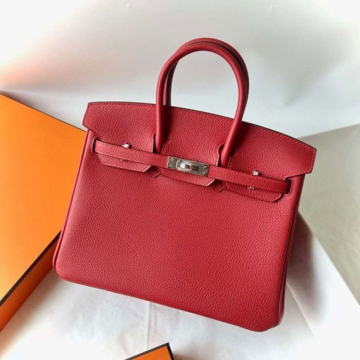 Birkin Togo S3 de color Rojo Brillante de Plata de Hardware 25cm Completo hecho a Mano Phw