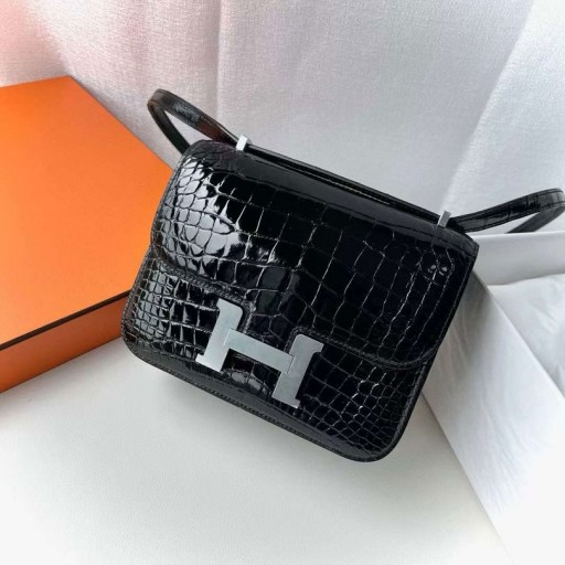 Constanza Brillante de Cocodrilo Cocodrilo Ck89 Negro de Plata de Hardware 18cm Completo hecho a Mano Phw