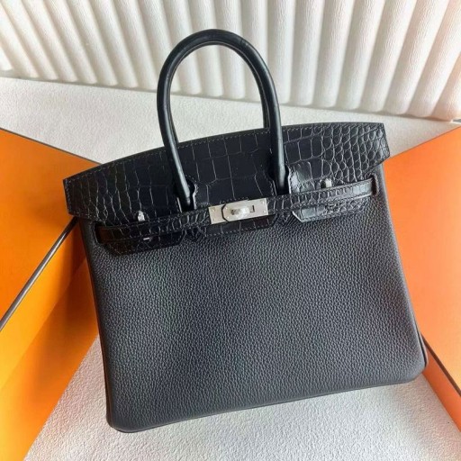 Birkin Toque Togo y Mate de Cocodrilo Cocodrilo Ck89 Negro de Plata de Hardware 25cm Completo hecho a Mano Phw