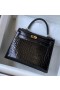 Kelly Cocodrilo Negro Brillante Hardware de Oro 25cm Completo hecho a Mano