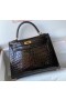 Kelly Cocodrilo Negro Brillante Hardware de Oro 25cm Completo hecho a Mano