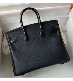 Birkin Toque Togo y brillante de cocodrilo Negro de Plata de Hardware 25cm Completo hecho a Mano