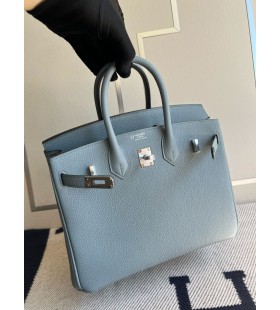 Birkin togo J7 de lino Azul y de color caqui Plata de Hardware PHW 25cm Completo hecho a Mano