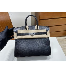 Birkin Lagarto ck89 Negro de Plata de Hardware PHW 25cm Completo hecho a Mano