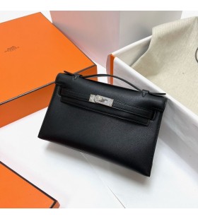 Mini Kelly pochette Swift ck89 Noir de Plata de Hardware Phw 22cm Completo hecho a Mano