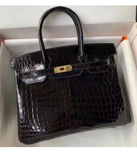 Birkin de Cocodrilo Brillante CK89 Negro Hardware de Oro 30cm Completo hecho a Mano