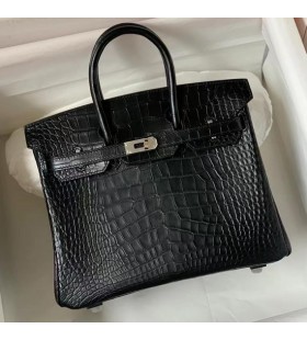 Birkin de Cocodrilo Negro Mate de Plata de Hardware 25cm Completo hecho a Mano