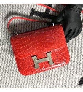 Constanza de Cocodrilo Brillante de color rojo Ferrari de Plata de Hardware 19cm Completo hecho a Mano