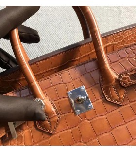Birkin de Cocodrilo Mate de color caqui de color Plata de Hardware 25cm Completo hecho a Mano