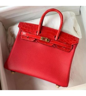 Birkin Togo y brillante de cocodrilo de color rojo brillante Hardware de Oro 25cm Completo hecho a Mano