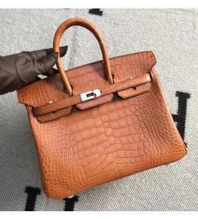 Birkin de Cocodrilo Mate de color caqui de color Plata de Hardware 25cm Completo hecho a Mano