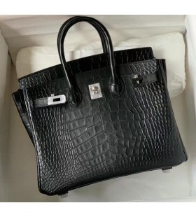 Birkin de Cocodrilo Negro Mate de Plata de Hardware 25cm Completo hecho a Mano