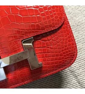 Constanza de Cocodrilo Brillante de color rojo Ferrari de Plata de Hardware 19cm Completo hecho a Mano