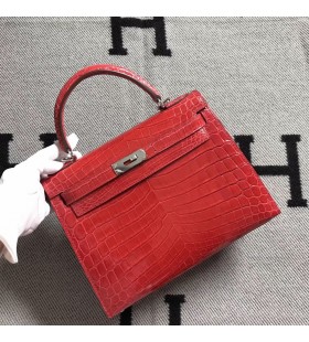 Kelly Cocodrilo Brillante rojo Sandía Plata de Hardware 28cm Completo hecho a Mano