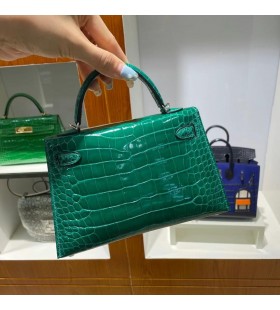 Mini Kelly brillante de cocodrilo 6Q verde jade de Plata de Hardware 19cm Completo hecho a Mano