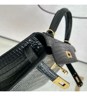 Mini Kelly Mate de Cocodrilo Cocodrilo Ck89 Negro Hardware de Oro 19cm Completo hecho a Mano