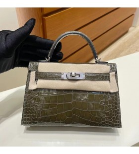 mini Kelly Brillante de Cocodrilo 8G Oscuro verde Olivo de Plata de Hardware PHW 19cm Completo hecho a Mano
