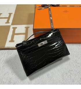 Mini Kelly Pochette Brillante de Cocodrilo Cocodrilo Ck89 Negro de Plata de Hardware 22cm Completo hecho a Mano
