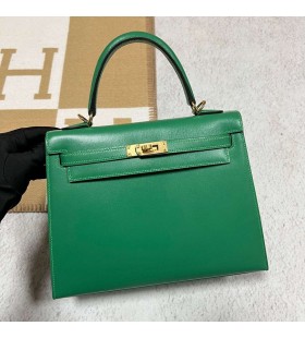 Kelly Boxcalf 1K de BambÃº verde Hardware de Oro 25cm Completo hecho a Mano