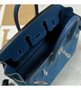 Birkin Grizzly gamuza & Swift O8 azul Real de Plata de Hardware 25cm Completo hecho a Mano