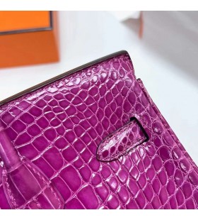 Birkin brillante de cocodrilo cocodrilo j5 Rosa Púrpura de Plata de Hardware Phw 25cm Completo hecho a Mano