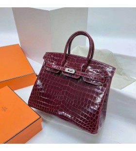 Birkin Brillante Nilo Cocodrilo Ck57 rojo Burdeos de Plata de Hardware Phw 25cm Completo hecho a Mano