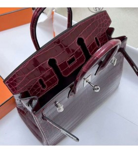 Birkin Brillante Nilo Cocodrilo Ck57 rojo Burdeos de Plata de Hardware Phw 25cm Completo hecho a Mano
