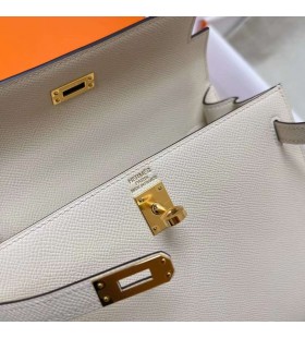 Kelly Epsom i2 Blanco Cremoso Hardware de Oro Ghw 25cm Completo hecho a Mano