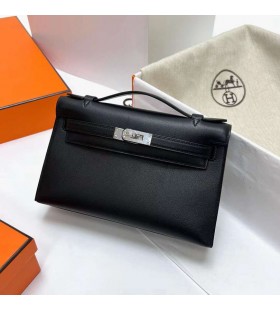 Mini Kelly Pochette Swift Ck89 Negro de Plata de Hardware Phw 22cm Completo hecho a Mano